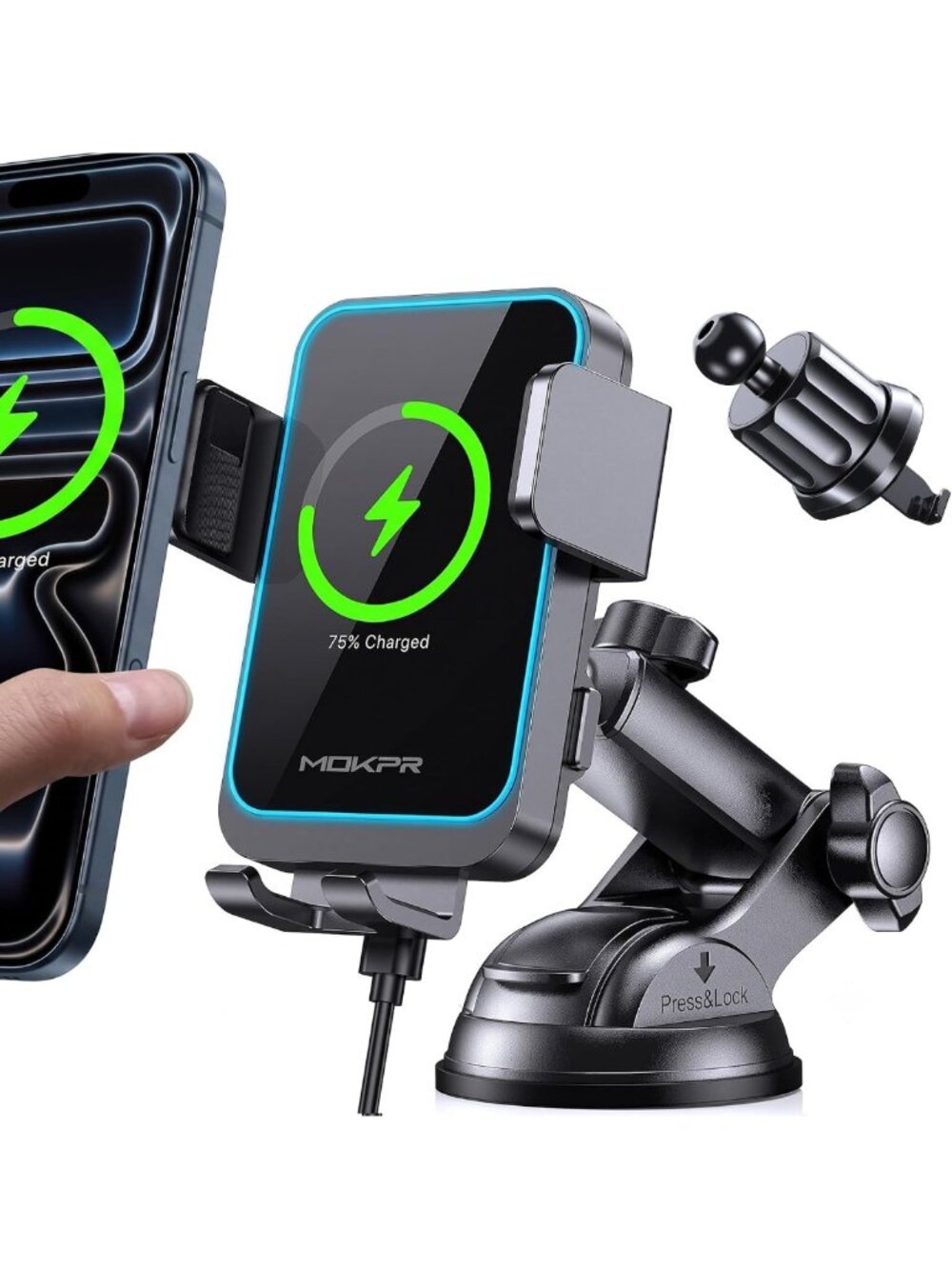 Auto Clamping Wireless Car Charger with LED for Dash & Air Vent Mounting